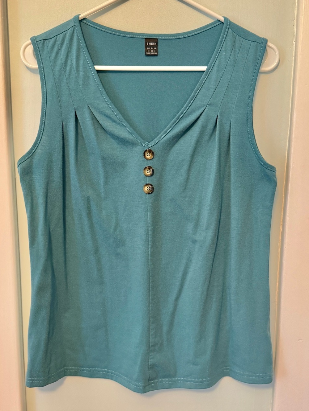 SheIn Teal Sleeveless V-Neck Top with Button Detail #0214